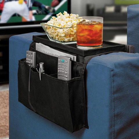 Sofa Food Tray with Hanging Organizer Pouch